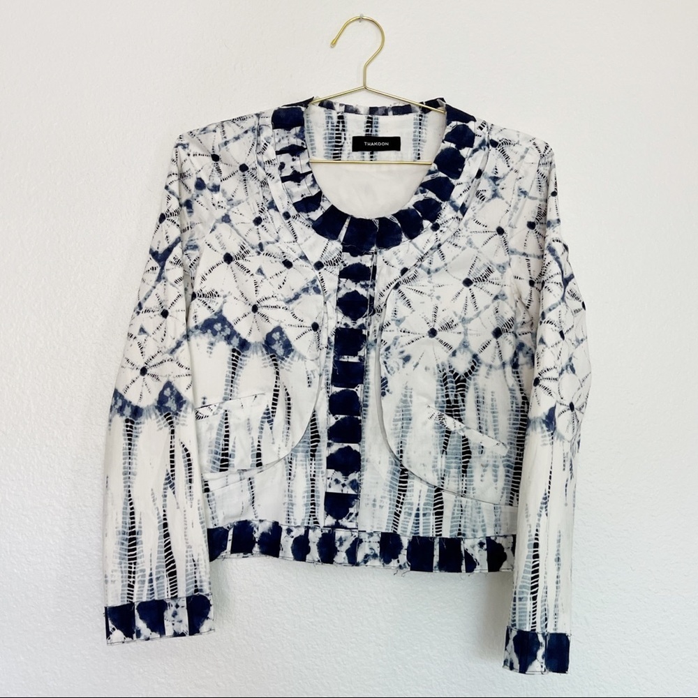 THAKOON Distressed Natural Tie Dye Button Jacket in Blue SZ 2